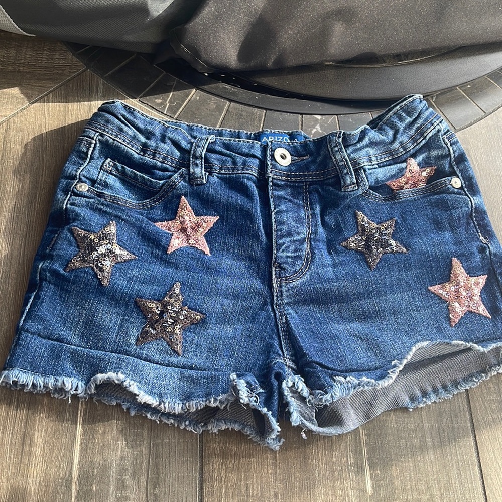 Arizona Jean Co Denim shorts with sequence stars in pink and grey.
